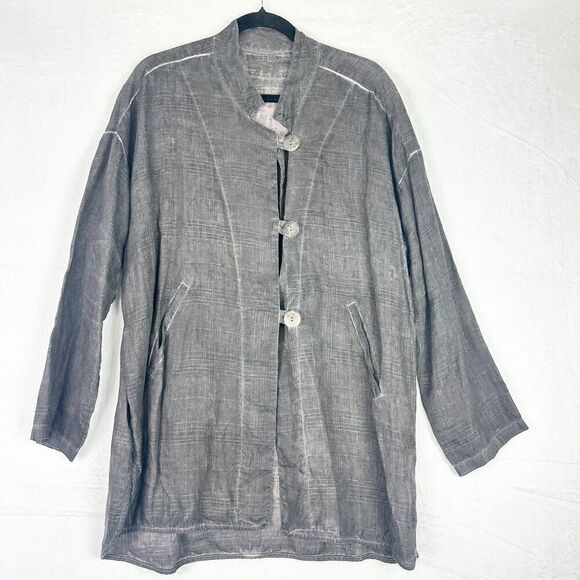 Grizas Oliato Washed Linen Jacket Size Medium Brown Lagenlook Button Front - Picture 1 of 5
